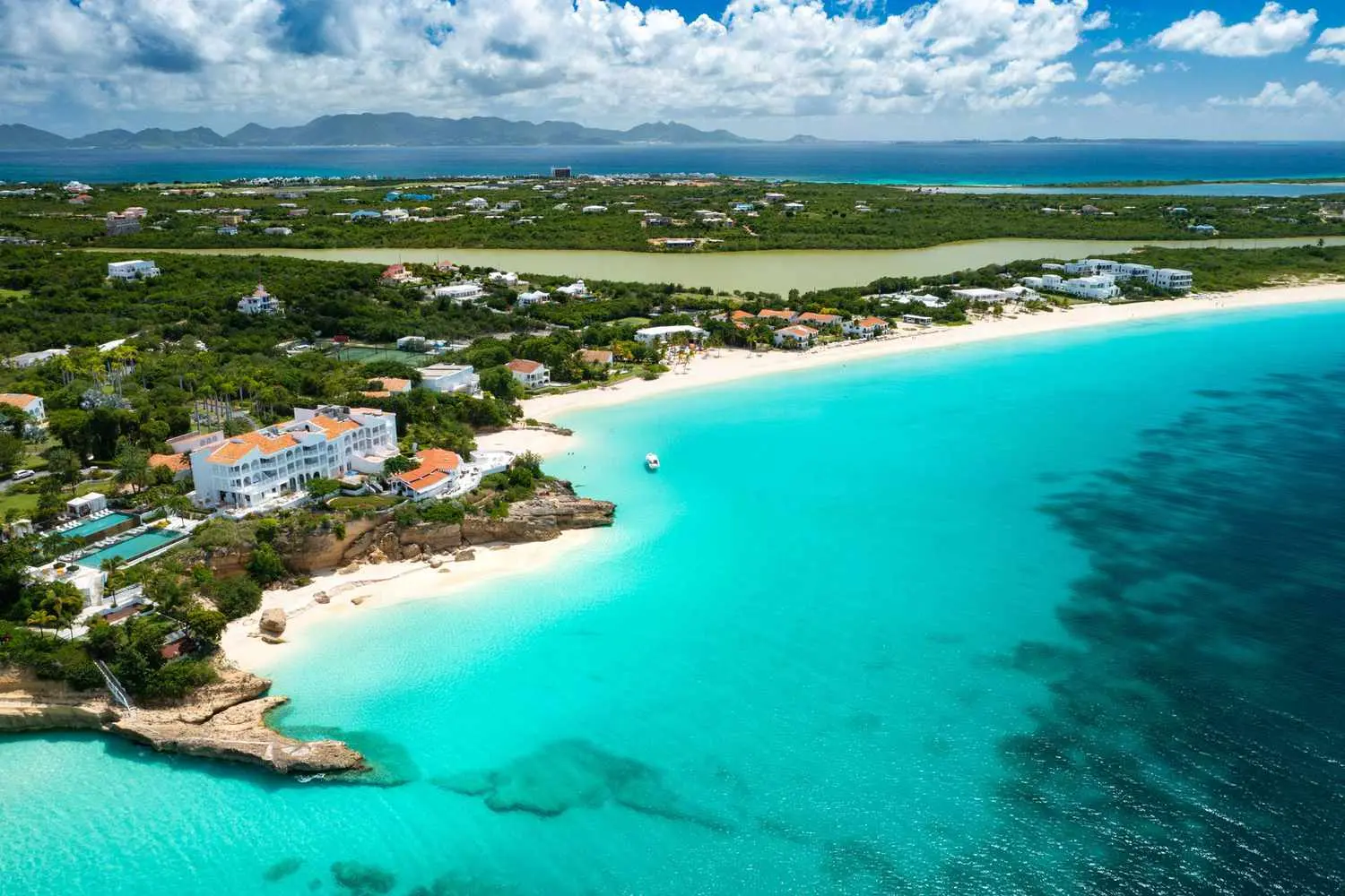 Turquoise waters and white sand on Meads Bay, Anguilla.