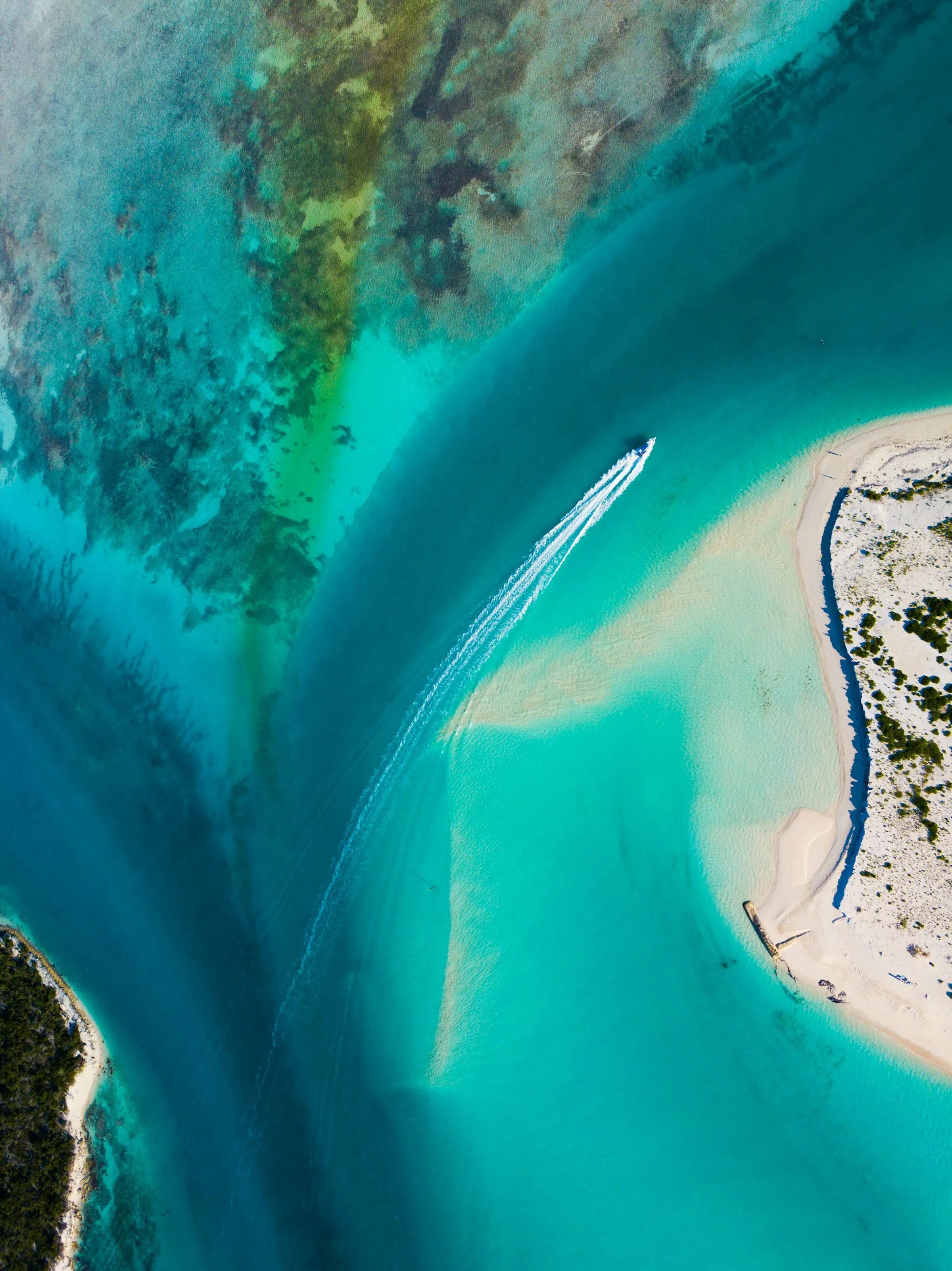 A private speedboat crossing turquoise Caribbean waters between St Martin and St Barth.