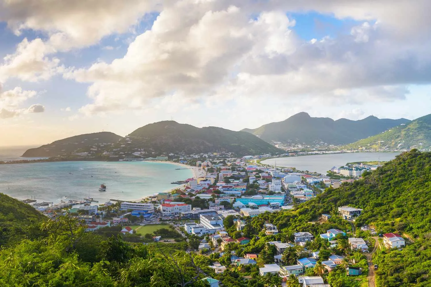 Aerial view of Philipsburg and Great Bay, St Martin, at golden hour.